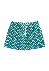 Pantaloni da nuoto con un motivo verde e forme blu e bianche, vita elastica con cordino, tasche laterali e texture morbida.