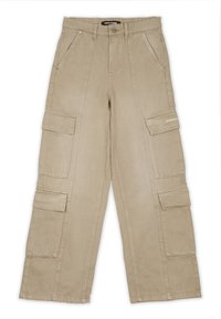Beige cargo bukser laget av bomull med en løs passform, med flere sidelommer og et merkelogo på lommen foran.