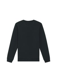 Schwarzer Pullover mit langen Ärmeln, Rundhalsausschnitt und gerippten Bündchen. Glatte Textur, minimalistisches Design, mit subtilen Nahtdetails am Hals.