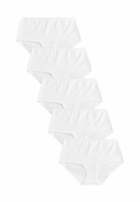 Vijf paar witte katoenen slipjes met een middelhoge taille, voorzien van een elastische tailleband en een gladde textuur. Eenvoudig en effen van kleur zonder patronen.