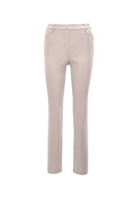 Lichtbeige broek met een rechte pijp, een gladde textuur, twee voorzakken en een knoopsluiting met een elastische tailleband.
