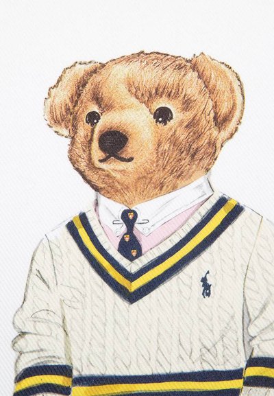 Καφέ αρκουδάκι αγκαλιάς που φοράει άσπρο πουλόβερ με πλεξούδες και ρίγες σε σκούρο μπλε και κίτρινο στο λαιμό σε σχήμα V, λευκό πουκάμισο με γιακά και σκούρα μπλε γραβάτα με μικρά εμβλήματα ασπίδας.