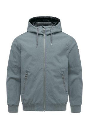 Lichtgrijze jas met capuchon, voorrits, capuchon met trekkoord, met rits afgesloten zijzakken en geribbelde manchetten en zoom.