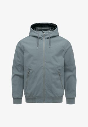 Lysegrå hættejakke med lynlås foran, snøre i hætten, lynlåslommer i siden og ribbet kant ved ærmer og nederst.