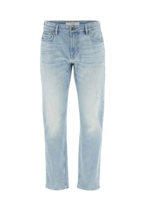 Ljust blå denimjeans med rak skärning, fem fickor, en knapp och dragkedjestängning, samt lätt slitningar runt knäområdet.