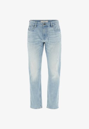 Light blue denim jeans with a straight cut, five pockets, a button and zip closure, and slight distressing near the knee area.