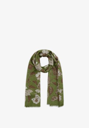 Groene sjaal van lichtgewicht stof, met een bloemenpatroon in bruin en wit, en franjes aan de randen.