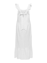 Robe midi blanche sans manches avec bretelles à volants, nouée au dos et ourlet froncé pour un ajustement décontracté.
