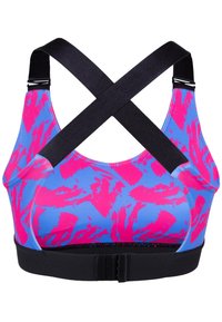 Sportbeha met een blauwe basis en roze abstracte patronen, met een gekruiste zwarte band en een zwarte elastische band aan de onderkant.