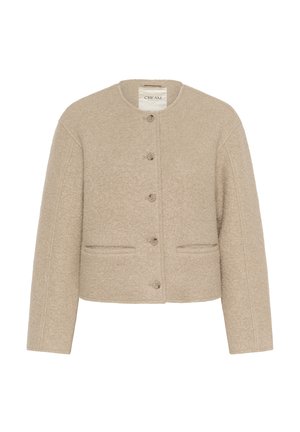 Beige wool-blend cropped jacket features a round neckline, front button closure, two side pockets, and textured fabric with subtle detailing.