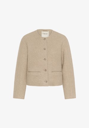 Beige Wollmischung Cropped Jacke mit rundem Ausschnitt, vorderem Knopfverschluss, zwei Seitentaschen und strukturiertem Stoff mit subtilen Details.