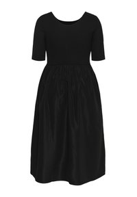 Robe midi noire avec haut côtelé ajusté, manches courtes, encolure ronde et jupe satinée froncée.