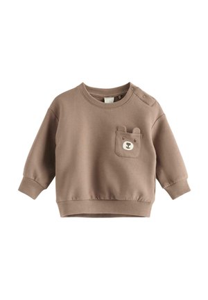 Brun småbørnssweatshirt med lange ærmer, ribbede manchetter, trykknapper ved skuldrene og en lille lomme med et bjørneansigtsdesign.