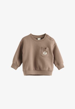 Brun småbørnssweatshirt med lange ærmer, ribbede manchetter, trykknapper ved skuldrene og en lille lomme med et bjørneansigtsdesign.