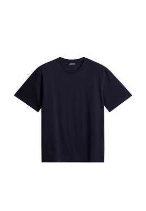 Granatowa, bawełniana koszulka z okrągłym dekoltem, krótkimi rękawami i subtelnym wytłoczonym logo na piersi. Gładka struktura i regularny krój.