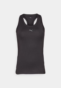 Crni sportski top s racerback dizajnom, izrađen od glatke tkanine, sa malim sivo logotipom na prednjem središtu.