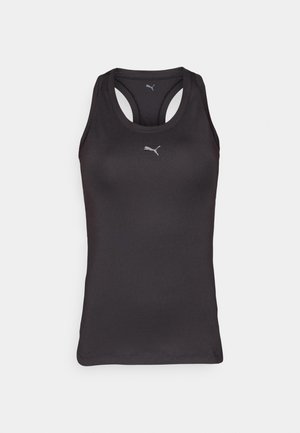 Débardeur de sport noir avec un dos nageur, fabriqué en tissu lisse, présentant un petit logo gris au centre à l'avant.
