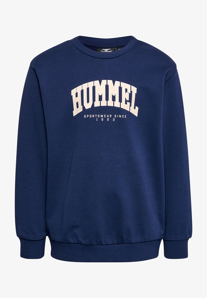 Sweat-shirt bleu marine en tissu doux, avec encolure ronde et poignets côtelés. Devant orné du logo "HUMMEL" et de l'année "1923" en beige.