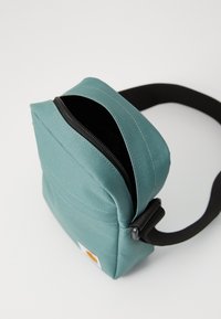 Small teal fabric bag with a zipper opening, black strap, and white label. Features visible stitching and a compact, rectangular shape.