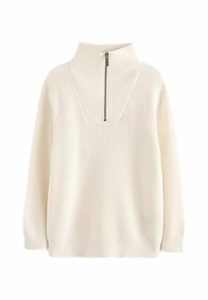 Maglione color crema con alto colletto e mezza zip. Tessuto a coste, vestibilità ampia e maniche lunghe. Design semplice senza fantasie.