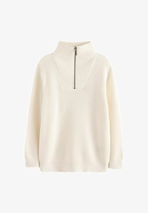 Sweter w kolorze kremowym z wysokim kołnierzem i pół zamkiem. Prążkowana tekstura, luźny krój i długie rękawy. Prosty design bez wzorów.