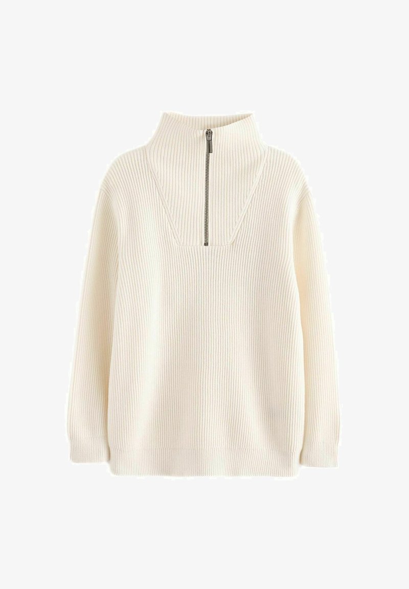 Cream-colored sweater with a high collar and half zipper. Ribbed texture, loose fit, and long sleeves. Simple design with no patterns.