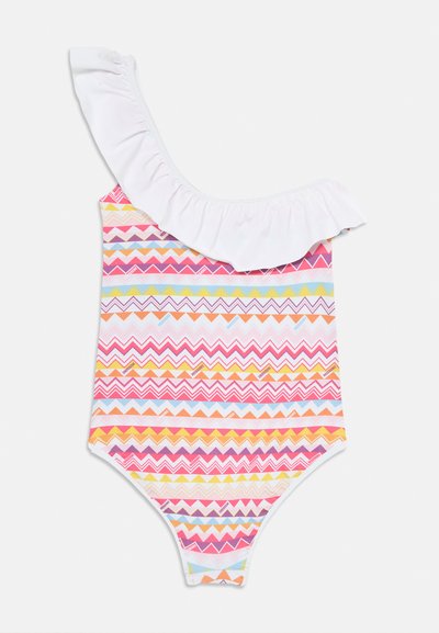 Én-skulder badedrakt med volang halslinning i hvitt. Har fargerike zigzag-mønstre i rosa, gult og blått på et mykt stoff.