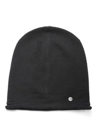 Zwarte gebreide beanie van zachte wol, met een eenvoudig ontwerp, een omgeslagen rand en een klein metalen logo-accent aan de zijkant.