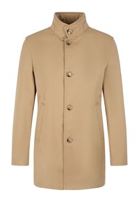 Beige lichtgewicht jas met een hoge kraag, vijf knopen, twee zijzakken en een gladde textuur. Ontworpen voor een relaxte pasvorm.