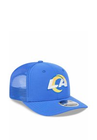 Blaues Cap mit Netzrücken, gesticktem "LA"-Logo mit kreisförmigem gelben Akzent, flachem Schirm und verstellbarem Snapback-Verschluss.