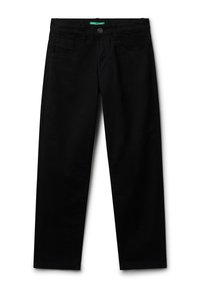 Černé bavlněné kalhoty se rovnými nohavicemi, s předním zapínáním na knoflík, štítkem na pase a čtyřmi kapsami. Hladká textura.