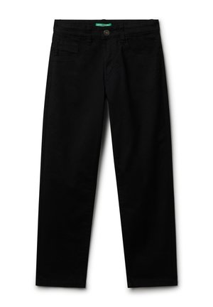 Pantalons en coton noir avec une coupe droite, comportant une fermeture à bouton à l'avant, une étiquette à la taille et quatre poches. Texture lisse.