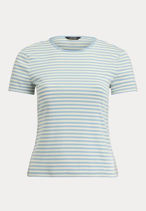 Κοντομάνικη μπλούζα με στρογγυλή λαιμόκοψη και οριζόντιες ρίγες σε ανοιχτό γαλάζιο, λευκό και αχνό κίτρινο, με εφαρμοστή γραμμή και ετικέτα της μάρκας Lauren στο εσωτερικό του γιακά.