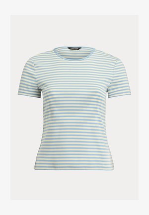 Κοντομάνικη μπλούζα με στρογγυλή λαιμόκοψη και οριζόντιες ρίγες σε ανοιχτό γαλάζιο, λευκό και αχνό κίτρινο, με εφαρμοστή γραμμή και ετικέτα της μάρκας Lauren στο εσωτερικό του γιακά.