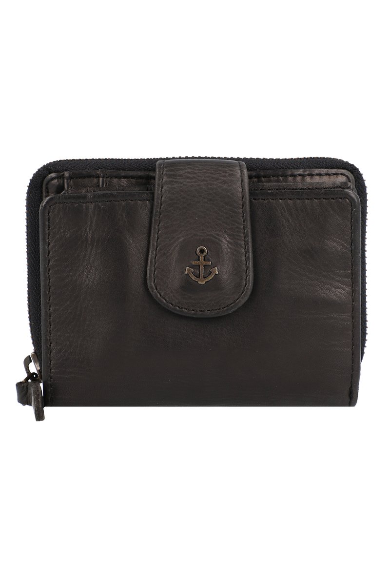 Portefeuille en cuir noir avec fermeture éclair, rabat avant et accent en métal en forme d'ancre. Texture lisse et design compact adapté aux cartes et à l'argent.