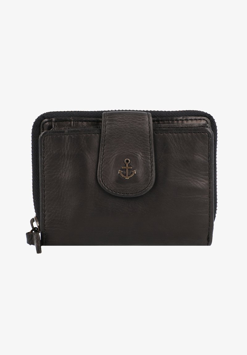 Black leather wallet with a zip closure, front flap, and metal anchor accent. Smooth texture and compact design suitable for cards and cash.