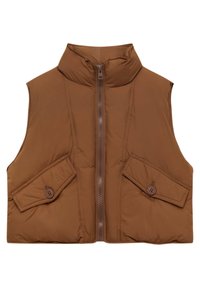 Brown puffer vest with a high collar, front zip closure, and two button-flap pockets on each side. Smooth texture, sleeveless design.