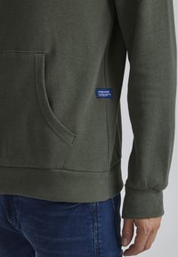 Dark green sweatshirt with ribbed cuffs and hem, featuring a front kangaroo pocket and a small blue label on the side. Cotton material.