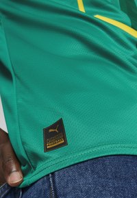 Zelený fotbalový dres s texturovaným povrchem, obsahující žluté akcenty a černou visačku se slovem "AUTENTICKÝ LICENCOVANÝ FOTBAL."