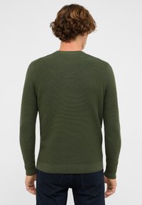 Grön stickad tröja med rund halsringning, långa ärmar och ribbade cuffar. Slät textur med ett subtilt mönster. Bärs med mörka jeans.