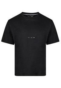 Black cotton t-shirt with a crew neck, short sleeves, and a small silver logo on the front. Smooth texture, straight cut design.