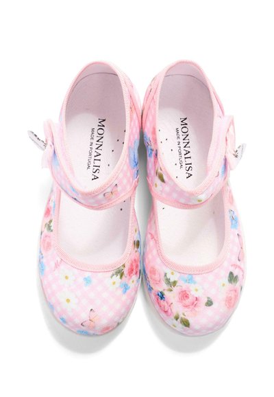 Paire de chaussures Mary Jane pour filles à fleurs roses avec brides à la cheville et fermetures à boucle, de la marque Monnalisa, fabriquées au Portugal.