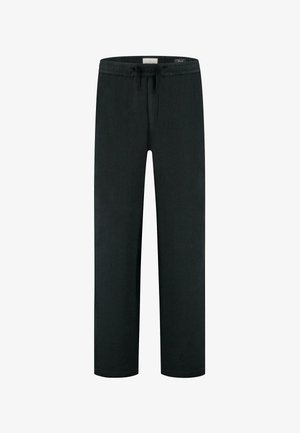 Pantalons noirs en tissu tissé, avec une taille élastique, un cordon de serrage et une coupe droite. Texture lisse, sans motifs ni accents visibles.