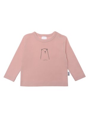 Helles rosa Langarmshirt aus weicher Baumwolle. Mit einem Bären-Design und dem Text "Ich hab dich wirklich sehr lieb" darunter. Druckknopfverschluss an der Schulter.