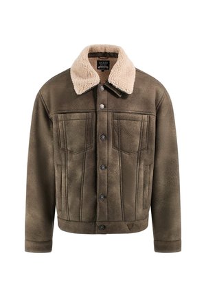 Bruine textuurjacket met een beige schapenvachtkraag, knoopsluiting, twee voorzakken en stiksel-details.