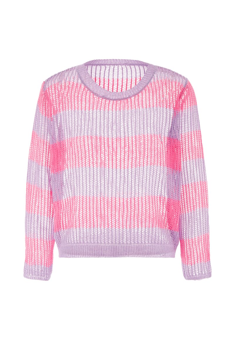 Dzianinowy sweter w pastelowych kolorach z fioletowymi i różowymi poziomymi paskami. Posiada okrągły dekolt i długie rękawy; lekki, o otwartym splotcie.