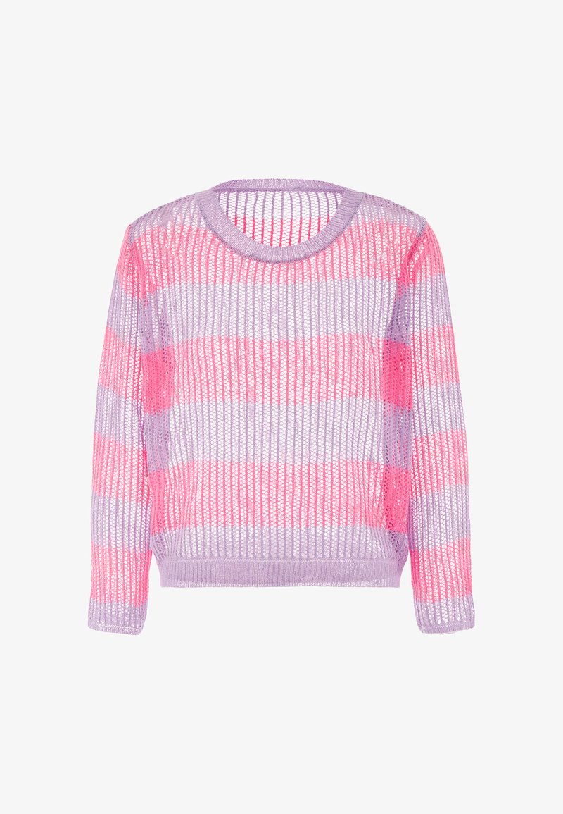 Pulover tricotat în culori pastelate, cu dungi orizontale de violet și roz. Are un decolteu rotund și mâneci lungi; ușor, cu țesătură deschisă.