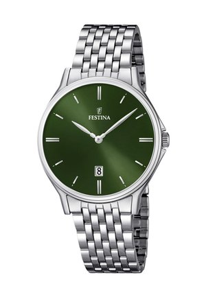 Zilveren roestvrijstalen polshorloge met groene wijzerplaat, zilveren uurmarkeringen, datumweergave op 6 uur en zilveren uur- en minutenwijzers.