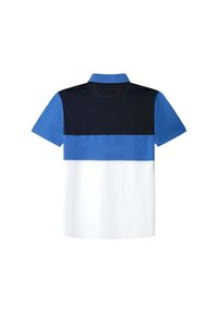 Polo-shirt met korte mouwen in een blauw, zwart en wit kleurblokontwerp. Voorzien van een kraag en zichtbare rode stikseldetails op de achterkant.