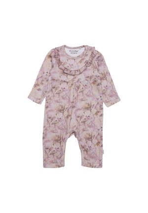 Un body pour bébé à motif floral rose, fabriqué en matériau doux, avec des manches longues, un col froncé et des fermetures à pression au bas.